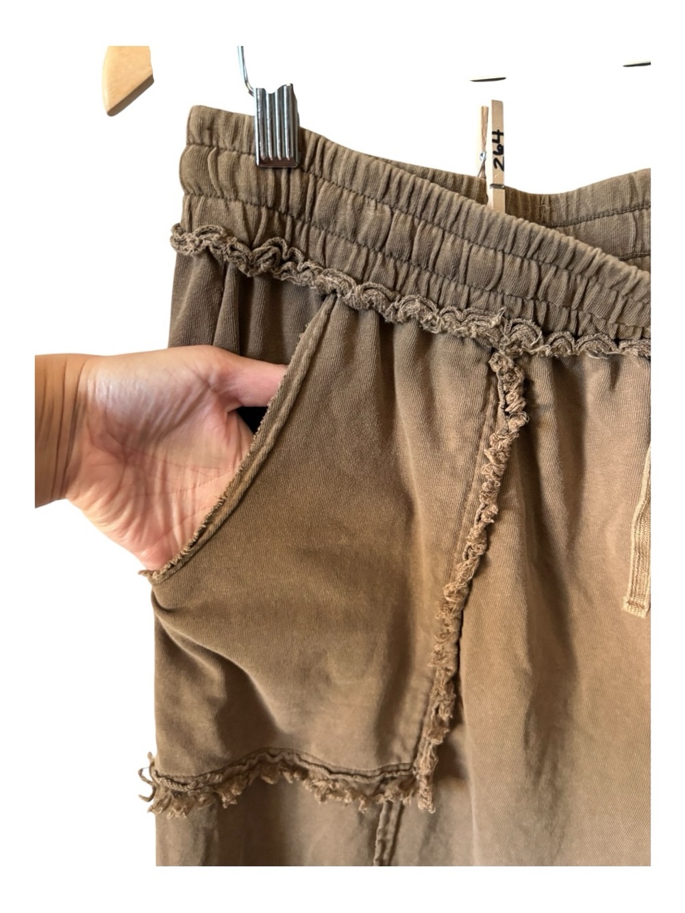 Easel Mineral Washed Terry Knit Wide Leg Frayed Edge Brown Lounge Pants 3XL Boho - Picture 8 of 15
